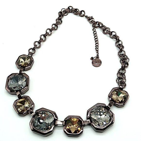 Dana Buchman Statement Necklace Faceted Octagon Crystals Gunmetal Chain NWOT - Picture 2 of 12